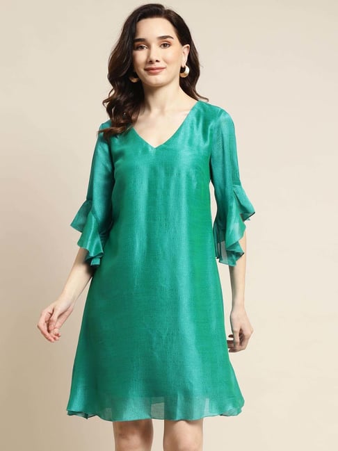 Qurvii Green Relaxed Fit A Line Dress Price in India