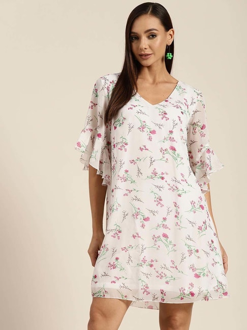 Qurvii White & Pink Floral Print A Line Dress Price in India