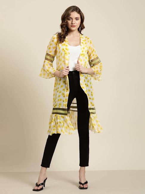 Qurvii Yellow Floral Print Shrug