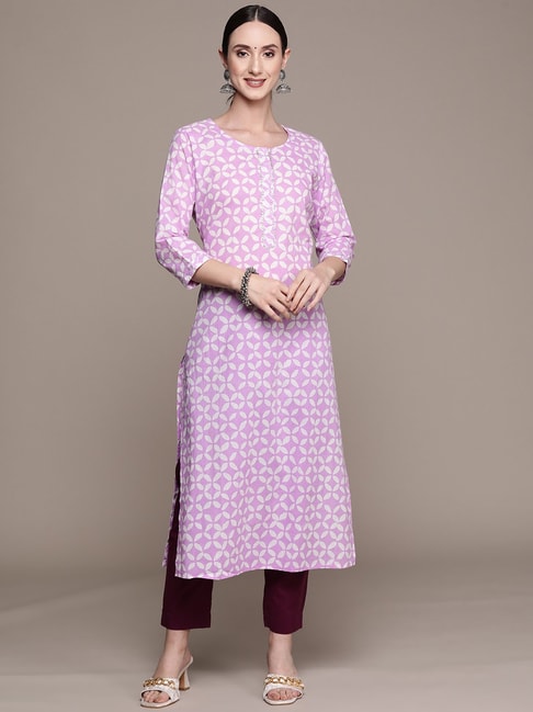 Ishin Purple Cotton Printed Straight Kurta Price in India