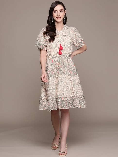 Ishin Cream Cotton Printed A-Line Dress Price in India
