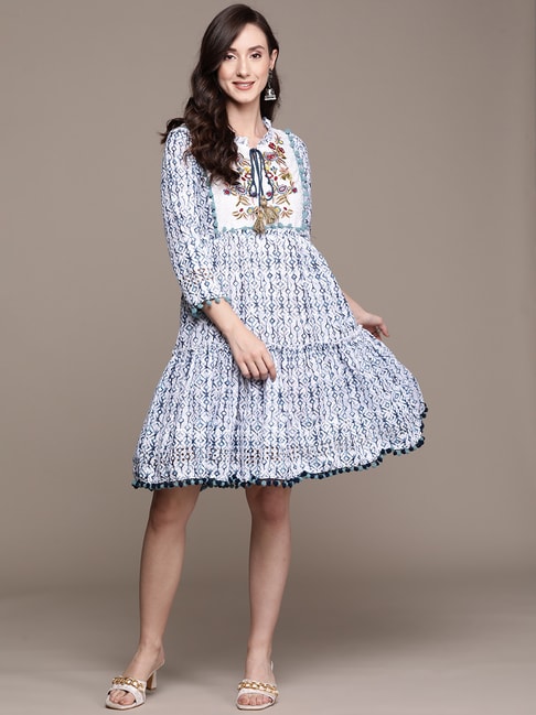 Ishin White & Blue Cotton Embroidered A-Line Dress Price in India