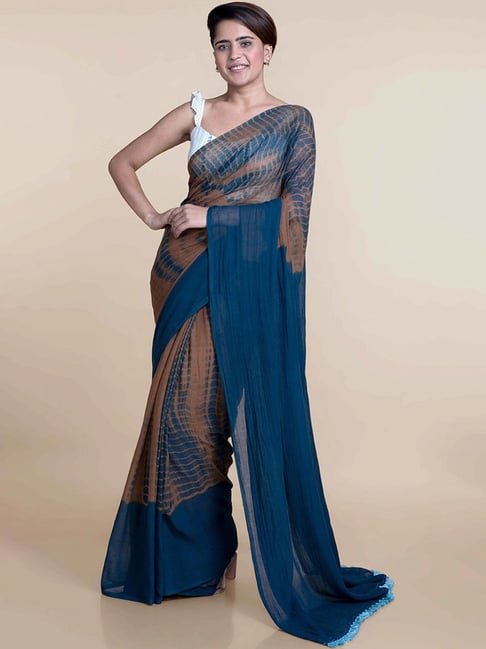 Suta Brown & Blue Tie-Dye Saree Without Blouse Price in India