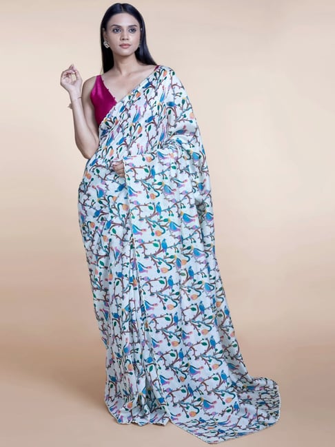 Suta White & Blue Pure Silk Printed Saree Without Blouse Price in India