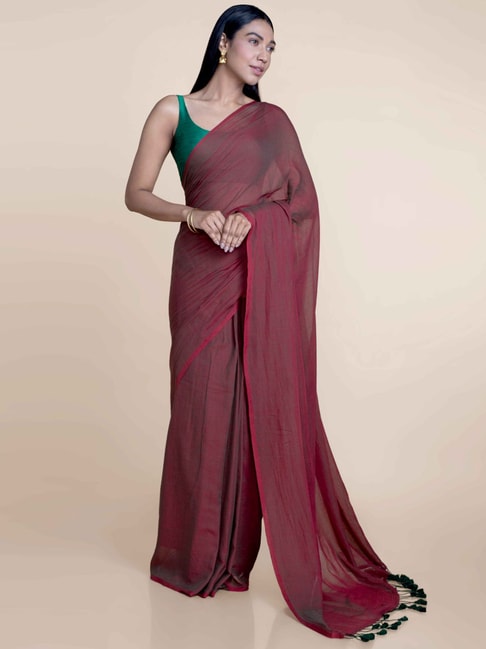 Suta Maroon Pure Cotton Striped Saree Without Blouse Price in India