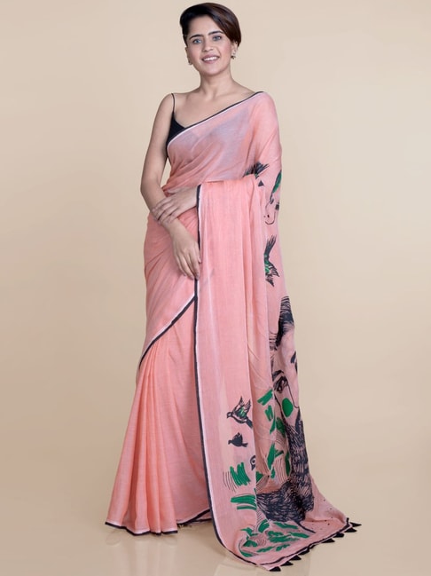 Suta Pink Pure Cotton Printed Saree Without Blouse Price in India
