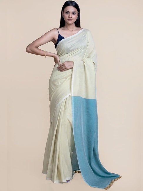 Suta White & Blue Pure Cotton Saree Without Blouse Price in India