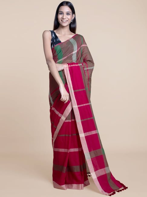 Suta Maroon & Green Pure Cotton Chequered Saree Without Blouse Price in India