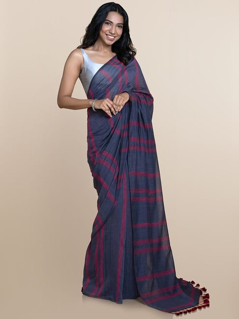 Suta Blue Pure Cotton Striped Saree Without Blouse Price in India