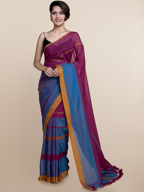 Suta Blue & Purple Pure Cotton Striped Saree Without Blouse Price in India
