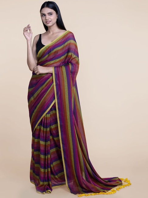 Suta Multicolored Striped Saree Without Blouse Price in India