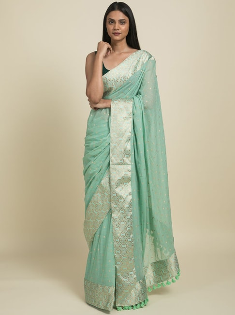 Suta Sea Green Pure Cotton Woven Saree Without Blouse Price in India