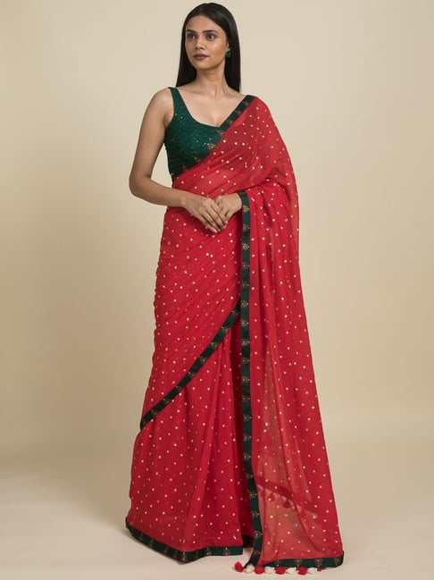 Suta Red Pure Cotton Woven Saree Without Blouse Price in India