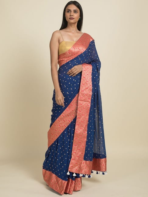 Suta Blue Pure Cotton Woven Saree Without Blouse Price in India