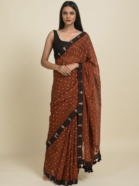 Suta Brown Pure Cotton Woven Saree Without Blouse Price in India