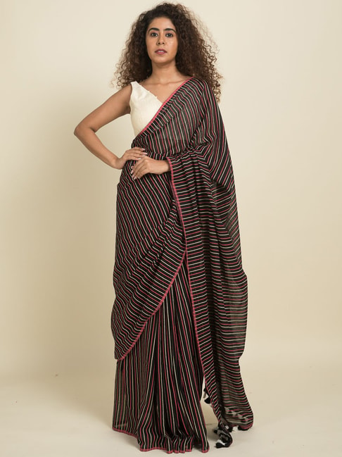 Suta Black Pure Cotton Striped Saree Without Blouse Price in India
