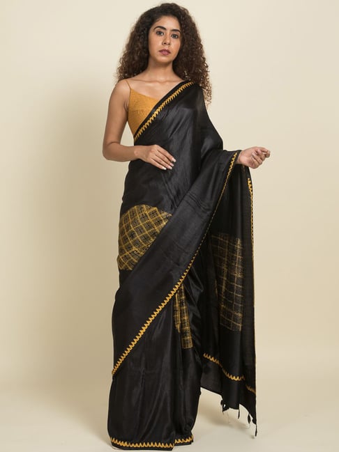 Suta Black & Yellow Printed Saree Without Blouse Price in India