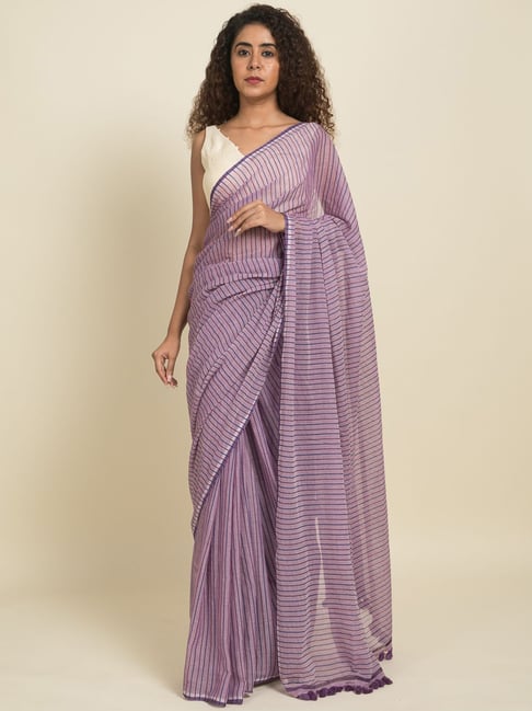 Suta Lavender Pure Cotton Striped Saree Without Blouse Price in India