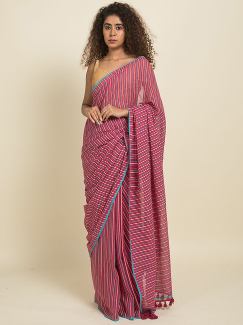 Suta Pink Pure Cotton Striped Saree Without Blouse Price in India