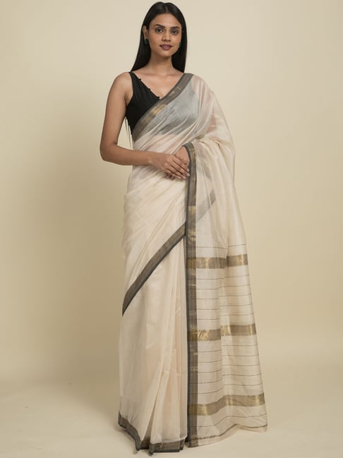 Suta Off-White Cotton Silk Woven Saree Without Blouse Price in India