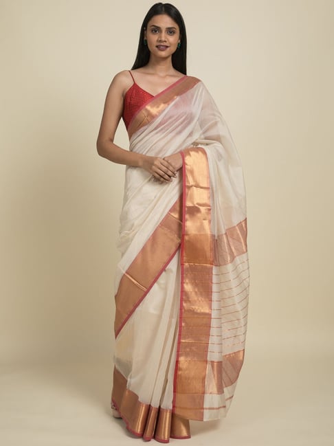 Suta White Cotton Silk Woven Saree Without Blouse Price in India