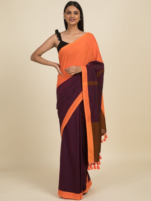 Suta Orange & Purple Pure Cotton Saree Without Blouse Price in India
