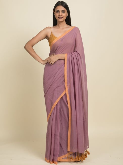 Tvis and Bliss. Plain Style Lavender Bengal Cotton Saree with Red Double  Border