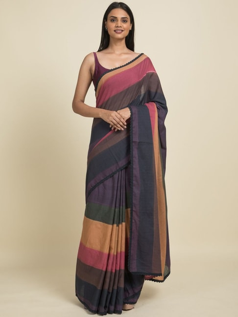 Suta Multicolored Pure Cotton Striped Saree Without Blouse Price in India