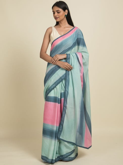 Suta Blue & Pink Pure Cotton Striped Saree Without Blouse Price in India
