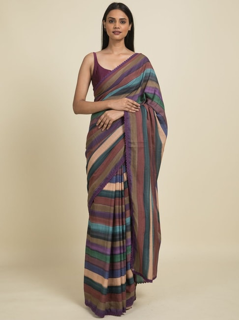 Suta Multicolored Pure Cotton Striped Saree Without Blouse Price in India
