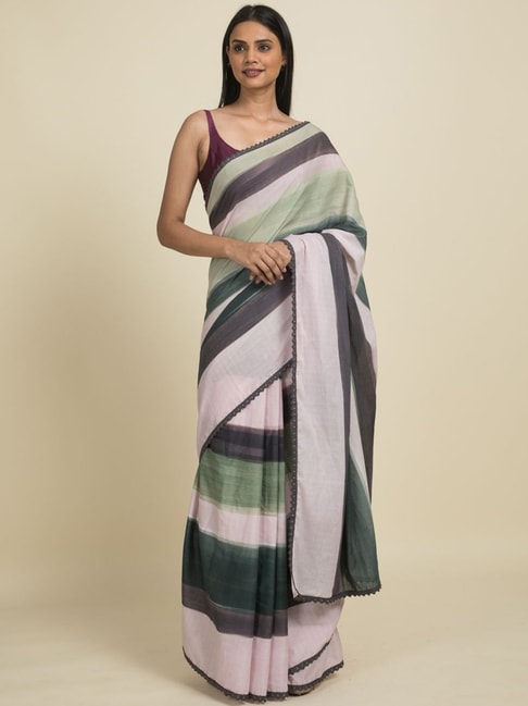 Suta Green & Grey Pure Cotton Striped Saree Without Blouse Price in India