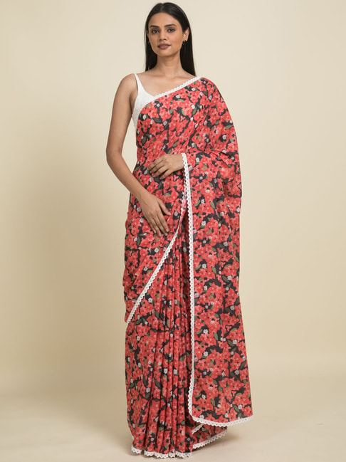 Suta Pink & Black Pure Cotton Printed Saree Without Blouse Price in India