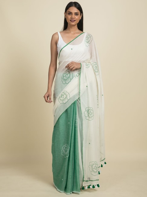 Suta White & Green Pure Cotton Printed Saree Without Blouse Price in India