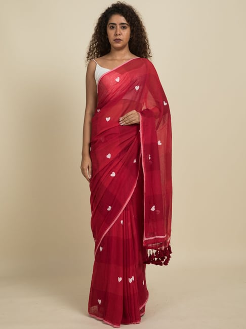 Suta Red Pure Cotton Printed Saree Without Blouse Price in India