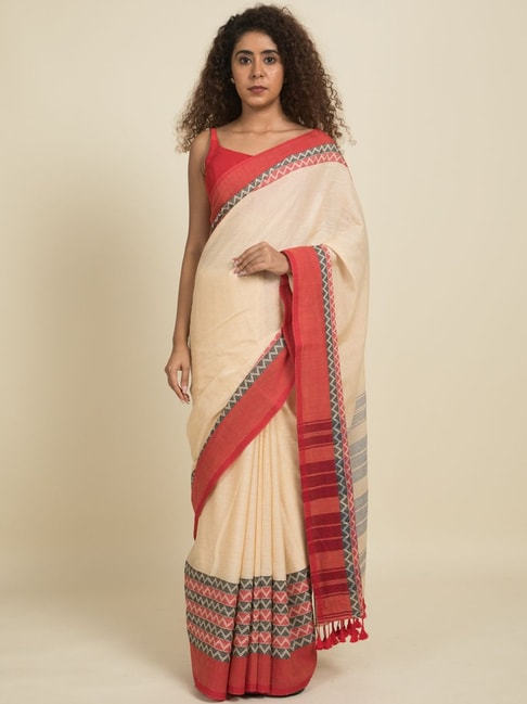 Suta Beige & Red Pure Cotton Woven Saree Without Blouse Price in India