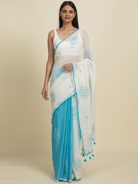 Suta White & Blue Pure Cotton Printed Saree Without Blouse Price in India