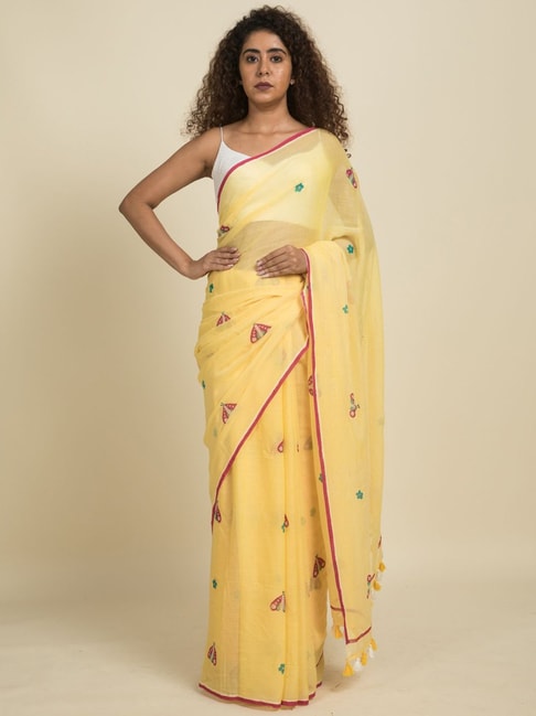 Suta Yellow Pure Cotton Printed Saree Without Blouse Price in India
