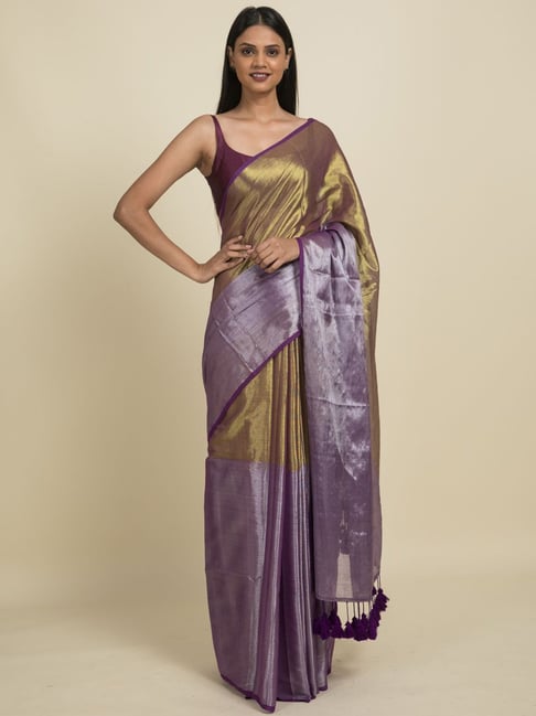 Suta Golden & Purple Zari Work Saree Without Blouse Price in India