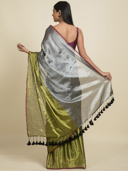 Buy Suta Silver & Green Zari Work Saree Without Blouse for Women Online @ Tata  CLiQ