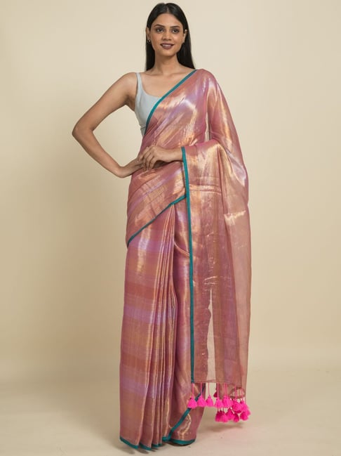 Suta Pink & Purple Zari Work Saree Without Blouse Price in India