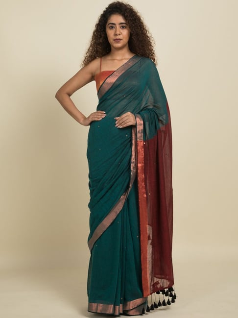 Suta Green & Red Pure Cotton Zari Work Saree Without Blouse Price in India