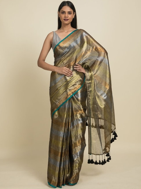 Suta Golden & Grey Zari Work Saree Without Blouse Price in India