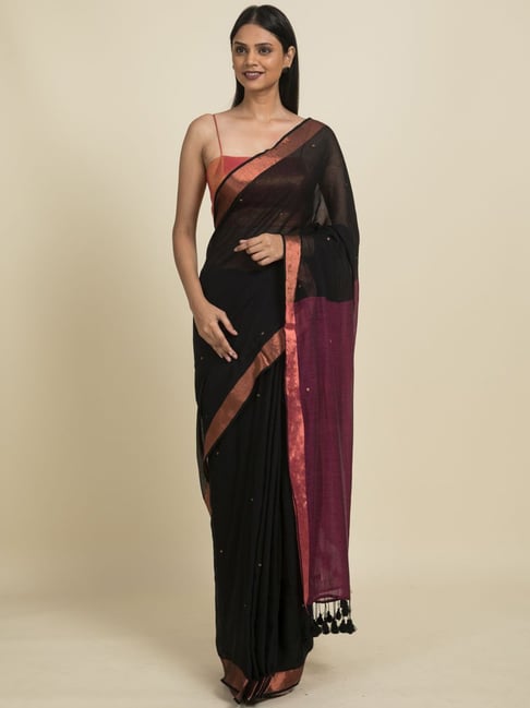 Suta Black & Purple Pure Cotton Zari Work Saree Without Blouse Price in India