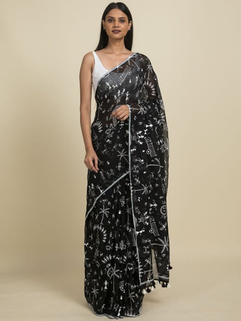 Suta Black Pure Cotton Printed Saree Without Blouse Price in India