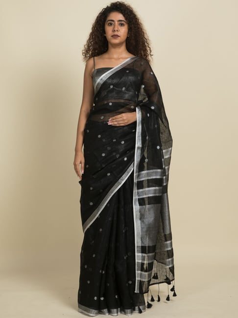 Black Linen Saree,linen by Linen 100 Count Black Pure Organic Handwoven  Saree With Wide Golden Zari Border,party Wear Lenin Saree,saree - Etsy