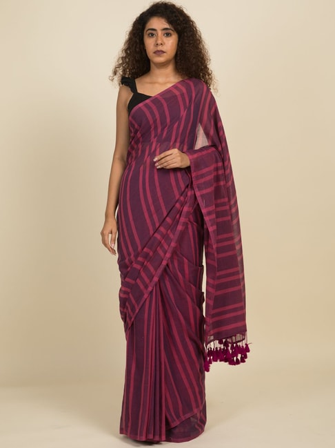 Suta Pink Pure Cotton Striped Saree Without Blouse Price in India
