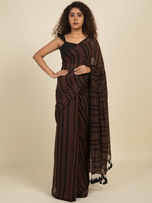 Suta Brown Pure Cotton Striped Saree Without Blouse Price in India