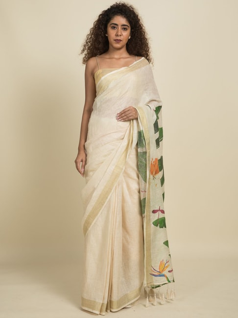 Suta White Pure Cotton Printed Saree Without Blouse Price in India