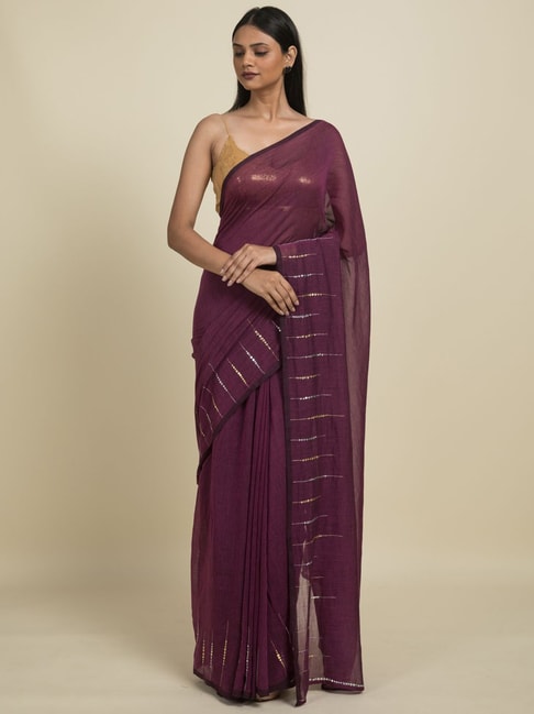 Suta Purple Pure Cotton Embellished Saree Without Blouse Price in India