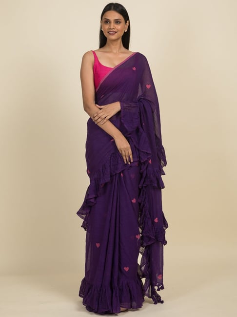 Suta Purple Pure Cotton Printed Ruffle Saree Without Blouse Price in India
